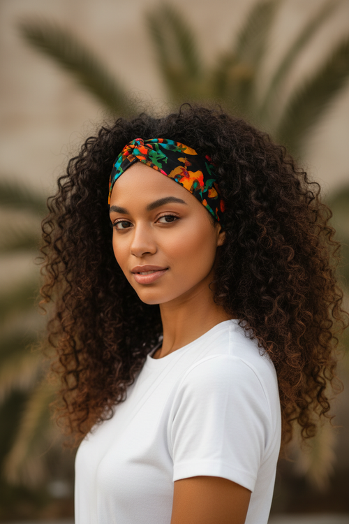 Bandeau floral - cheveux bouclés et t-shirt