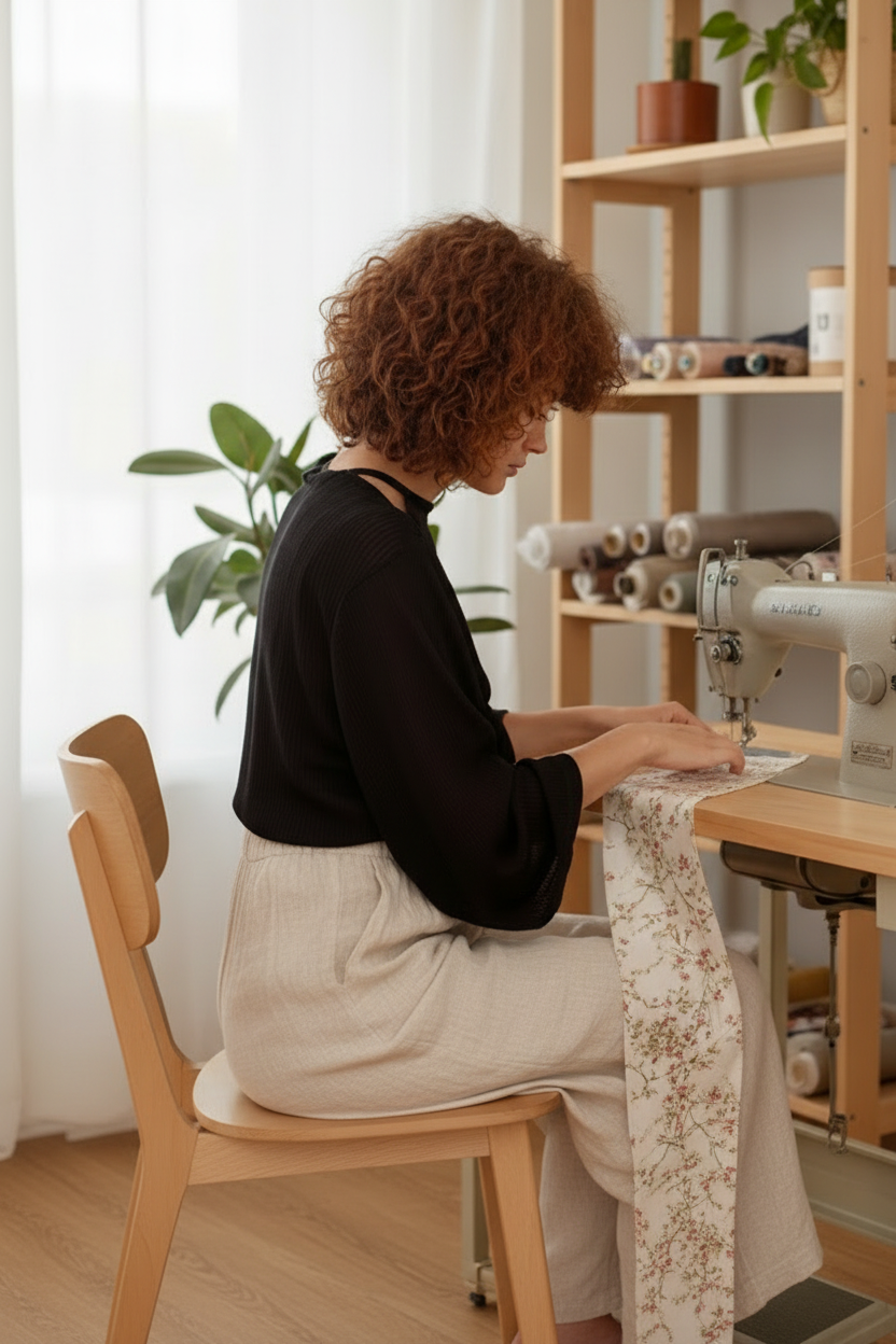 Femme en pantalon d'été à la machine à coudre
